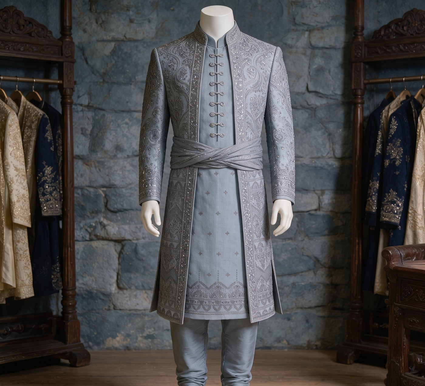 Silver Grey Crystal Sherwani